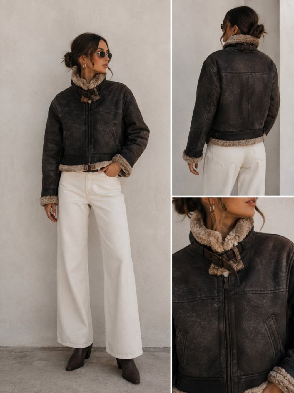 Vintage Genuine Shearling Sheepskin Leather Aviator Bomber Jacket Brown M